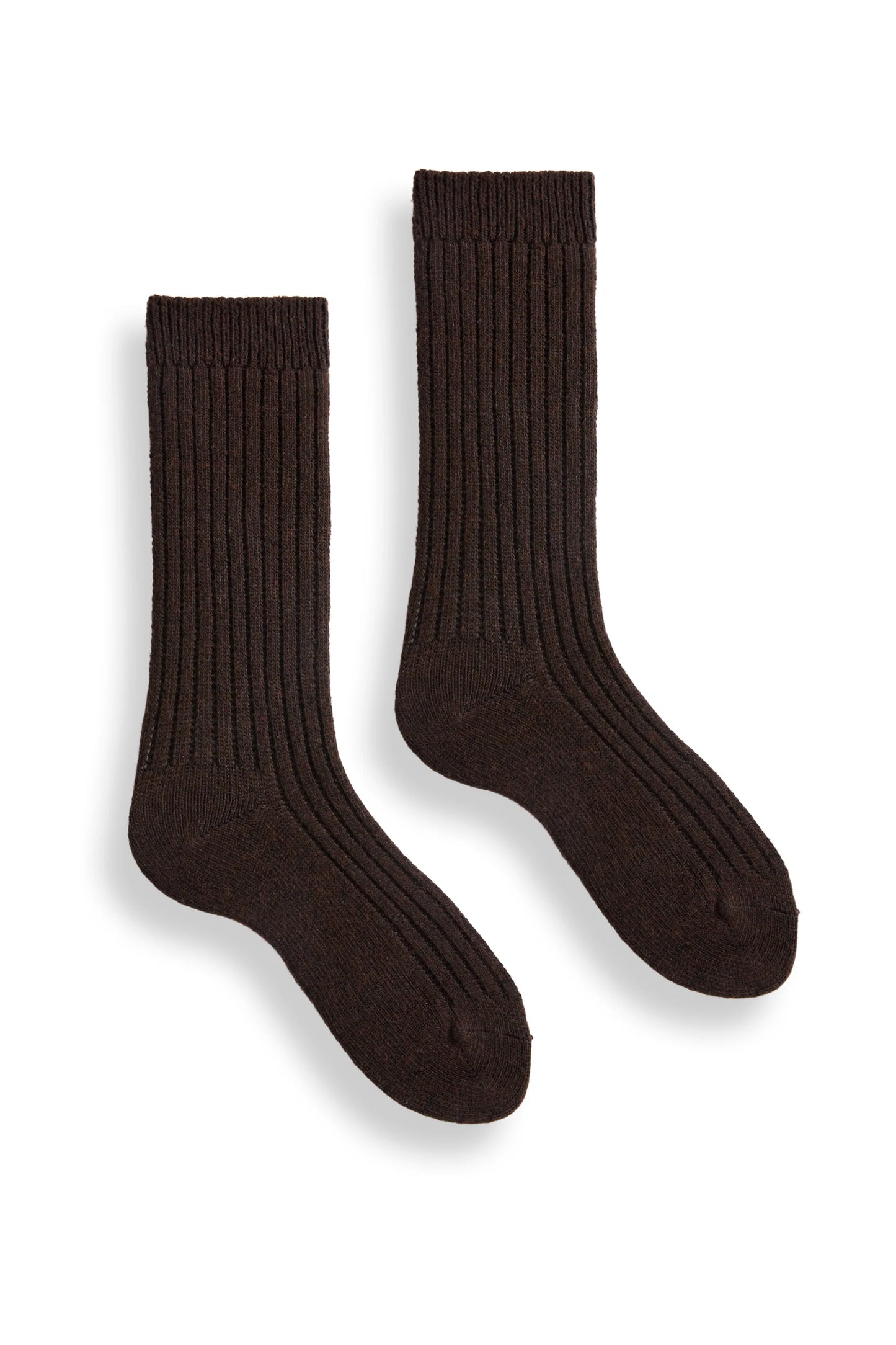 Pair of dark brown ribbed cashmere and wool socks on a white background