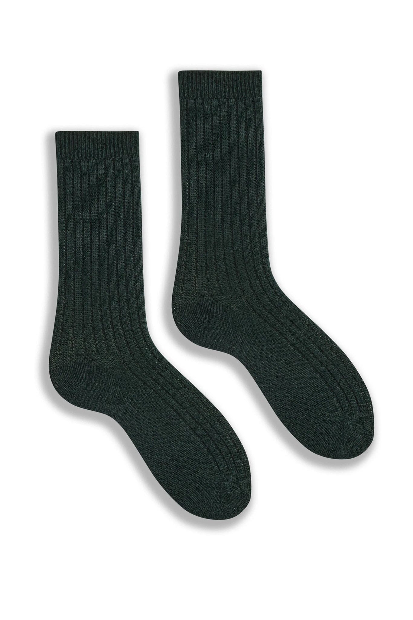 Pair of ribbed forest green socks on a white background