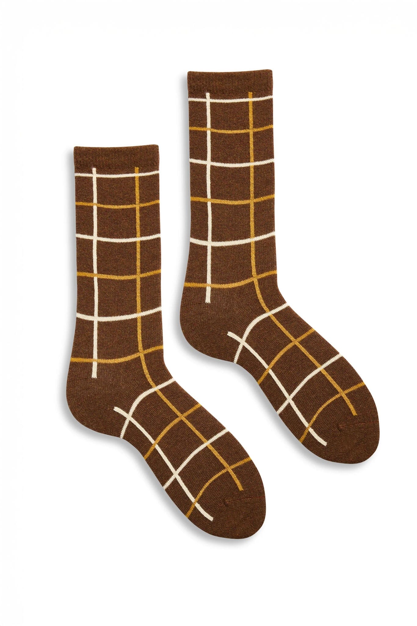 Pair of brown socks with white and gold grid pattern on a white background