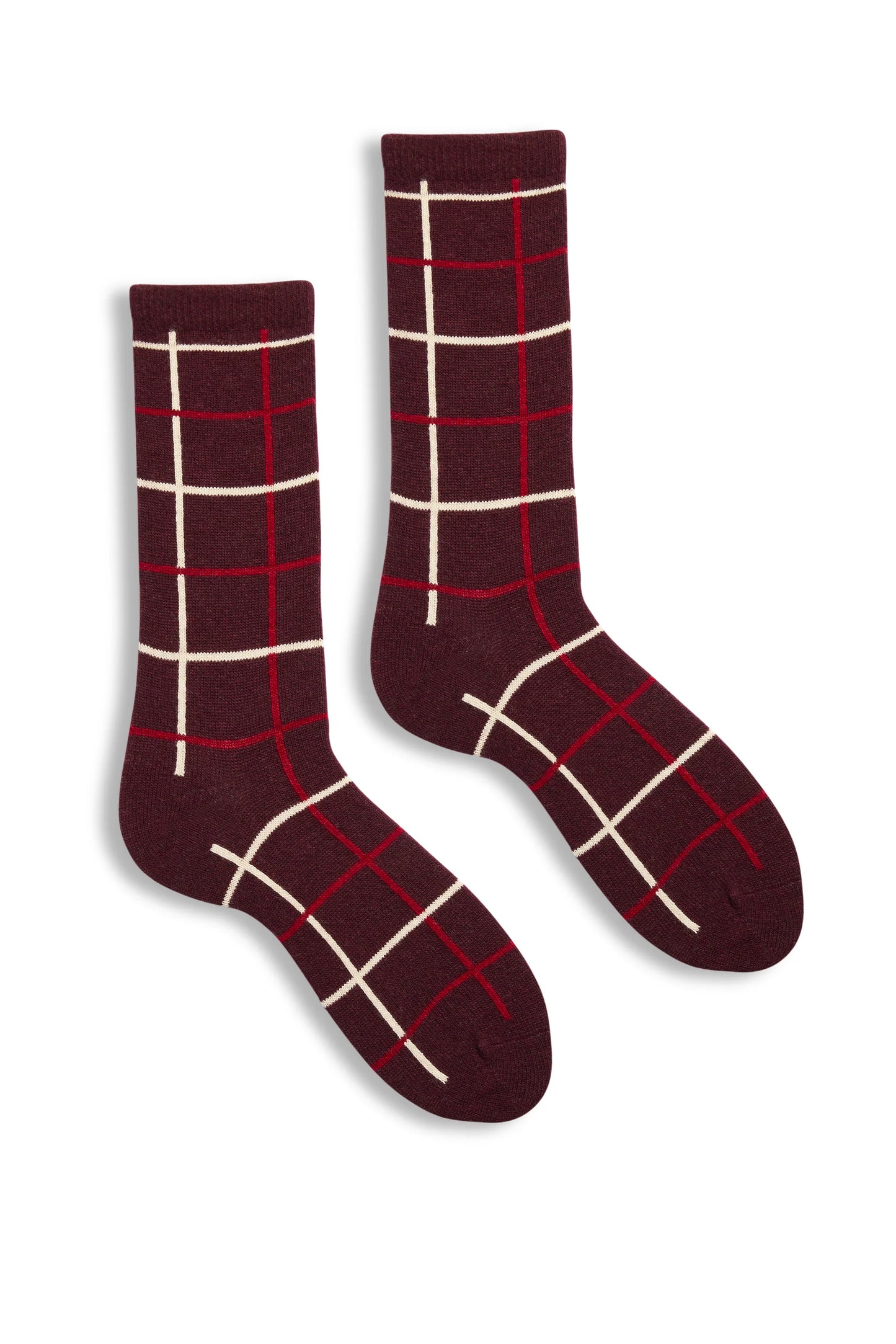 Pair of maroon socks with white grid pattern on a white background