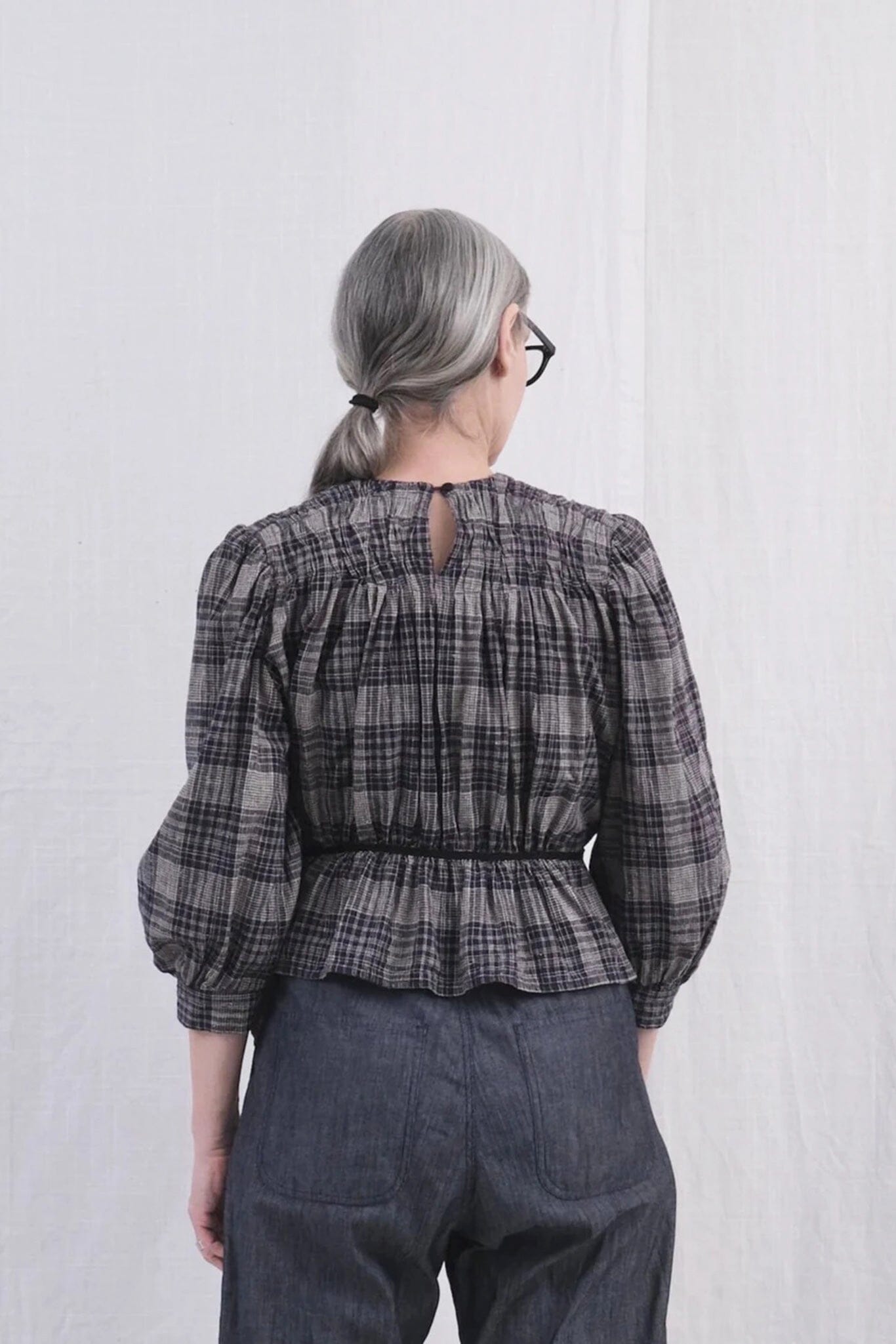 UQNATU Pintuck Blouse - Shirred Plaid