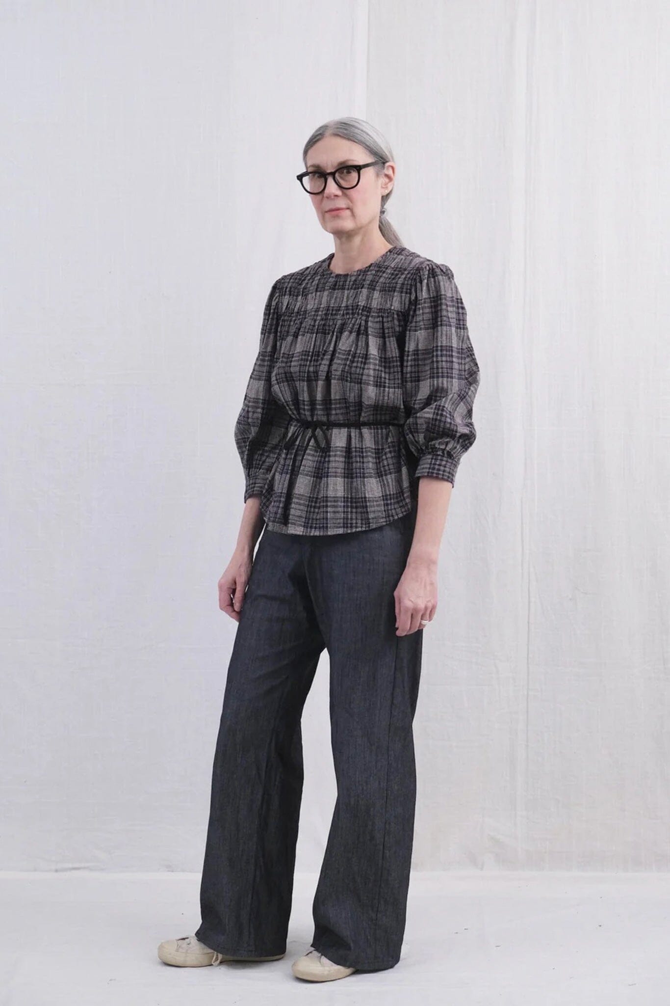 UQNATU Pintuck Blouse - Shirred Plaid