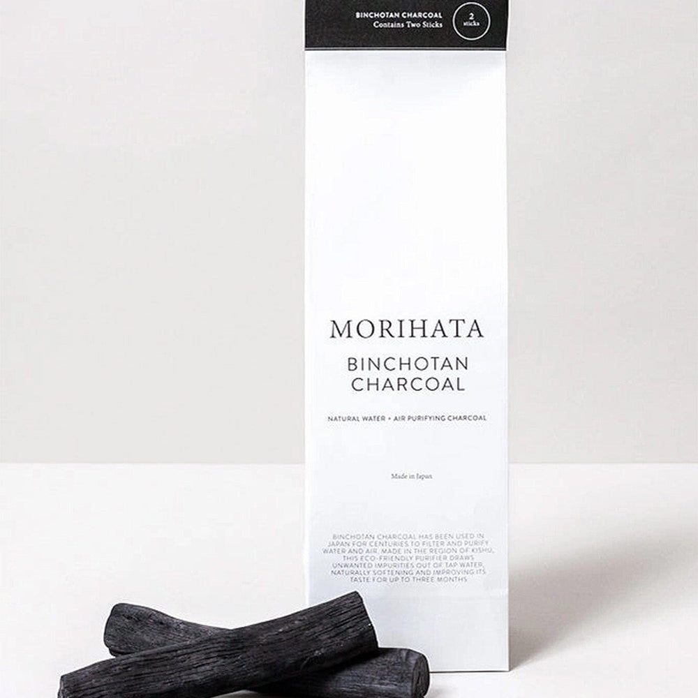 Morihata Binchotan Charcoal packaging with two charcoal sticks on a white background