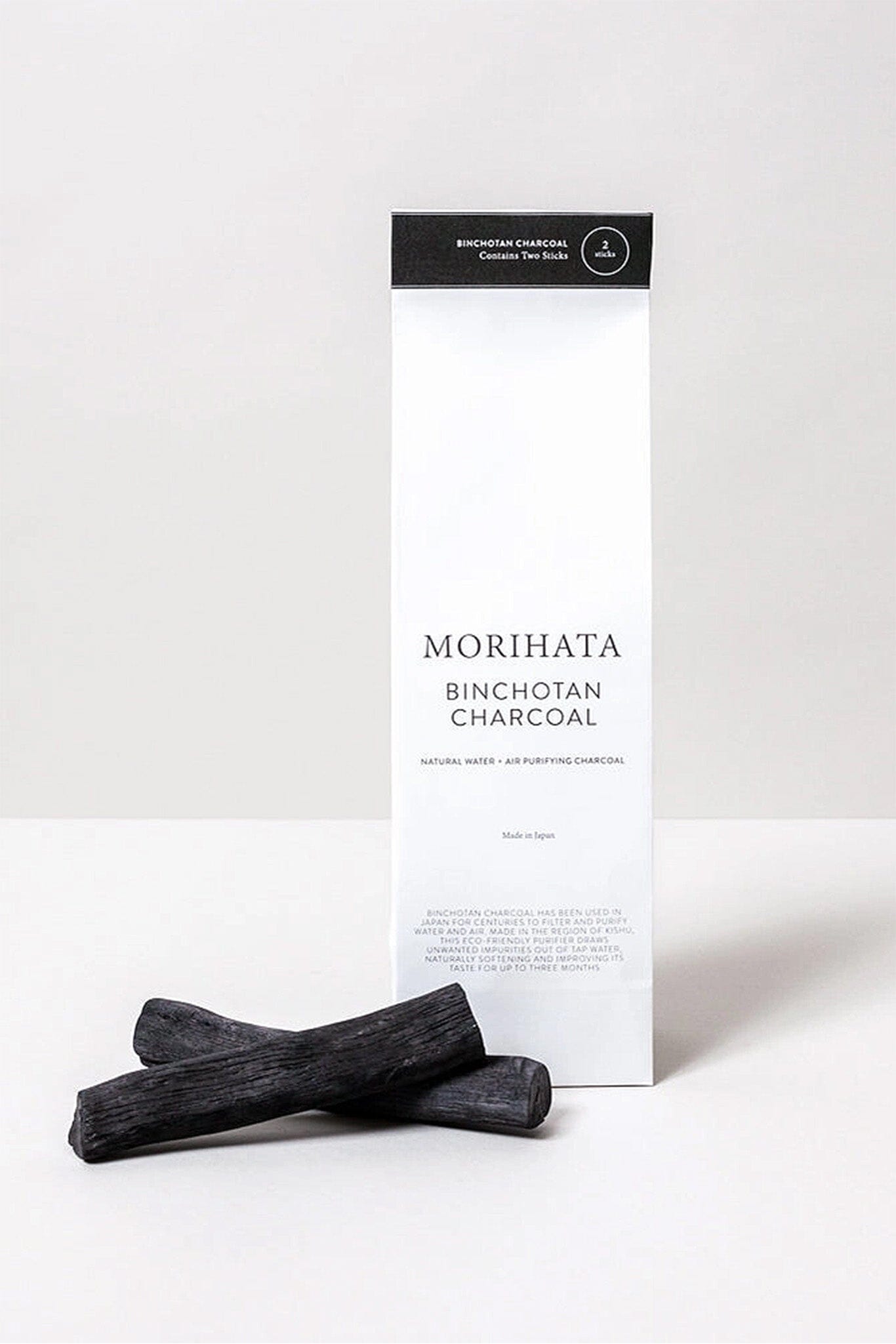 Morihata Binchotan Charcoal packaging with two charcoal sticks on a white background