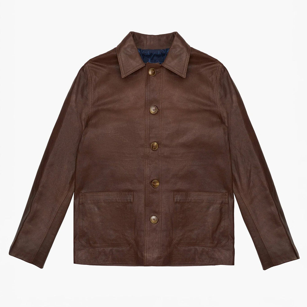 
                  
                    Brown leather jacket with gold buttons on a white background
                  
                