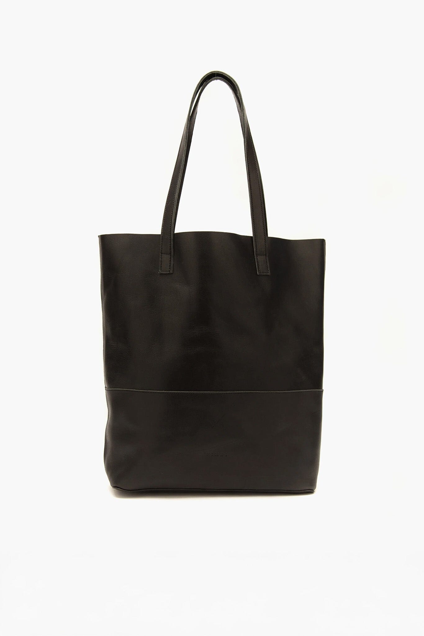 Black leather tote bag on a white background