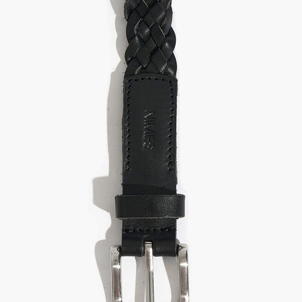 
                  
                    Black braided belt with a silver buckle on a white background
                  
                