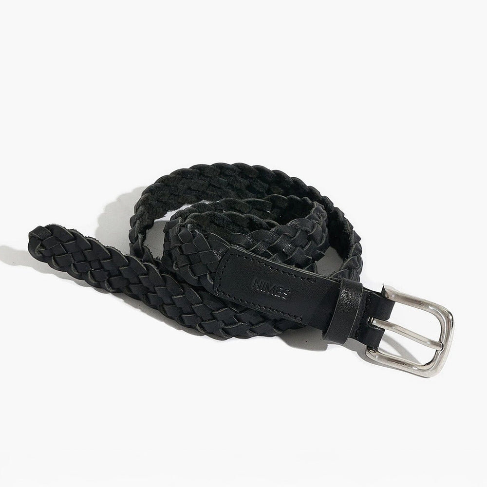 Black braided belt with a silver buckle on a white background