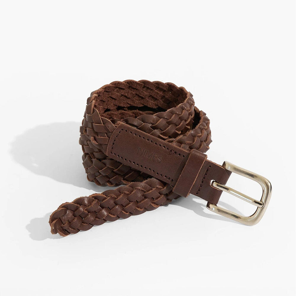 Brown braided belt with a gold buckle on a white background