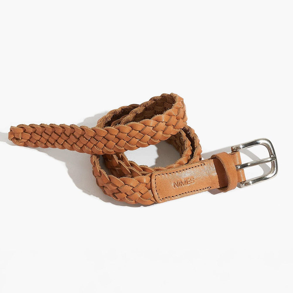 Brown braided belt with silver buckle on a white background