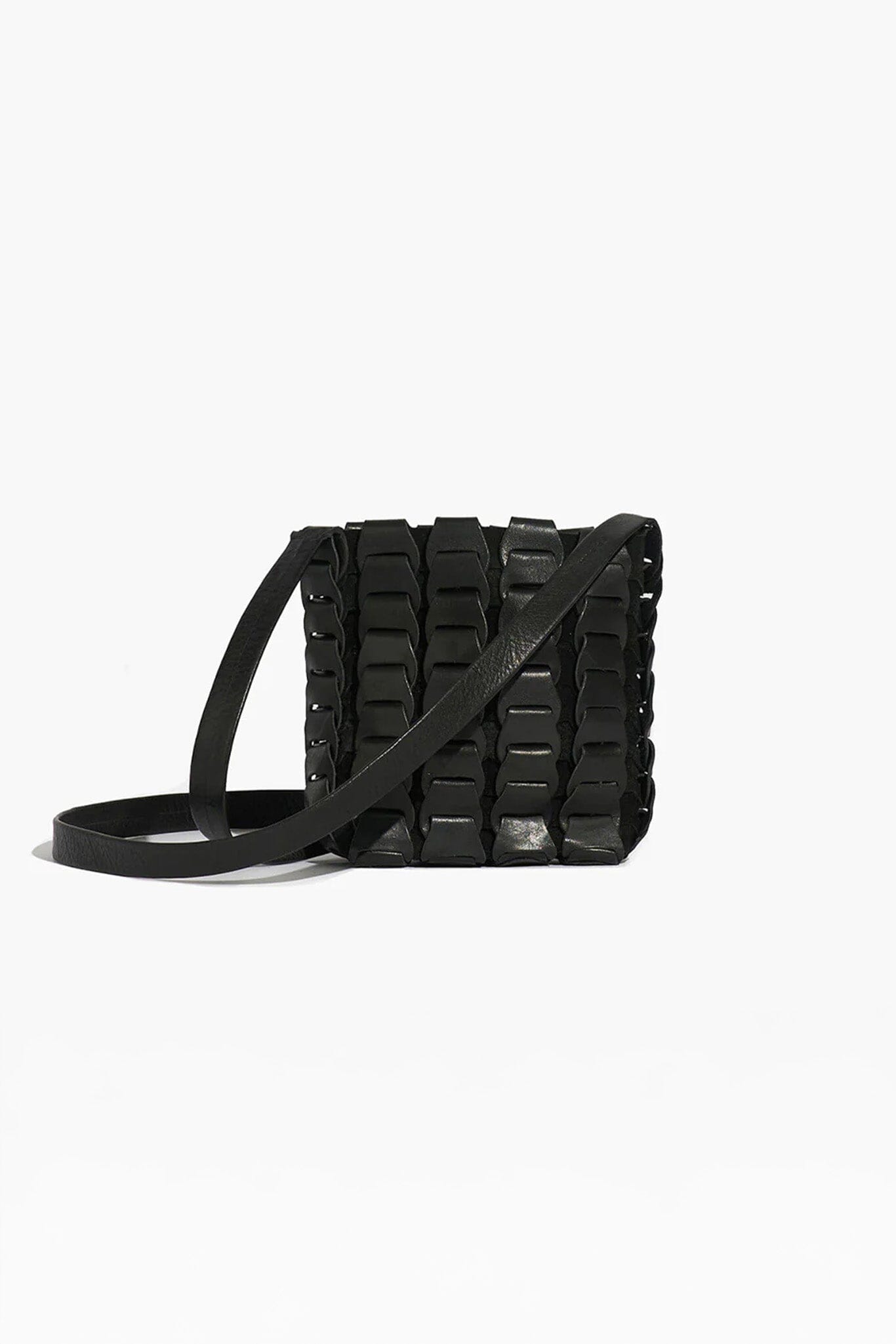 Black textured handbag with a strap on a white background