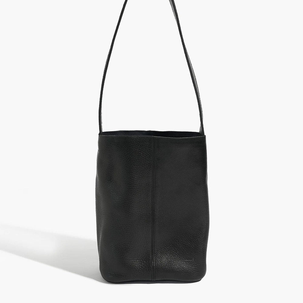 Black leather shoulder bag on a white background