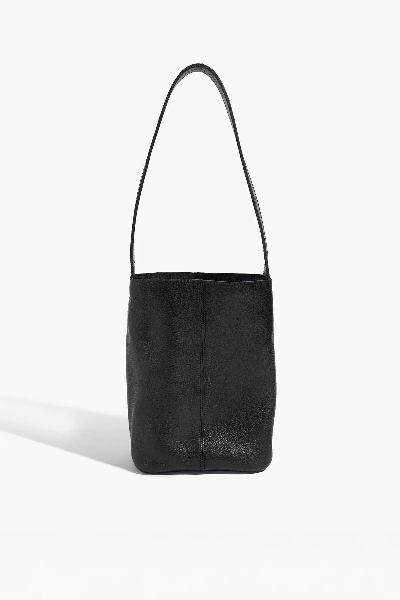 Black leather shoulder bag on a white background