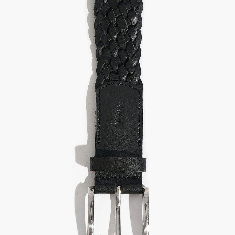 Black woven belt with silver buckle on a white background