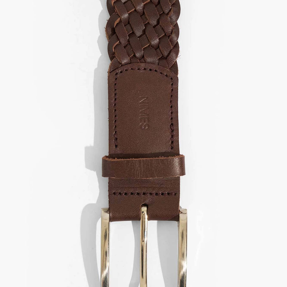 Brown woven leather belt with a gold buckle on a white background