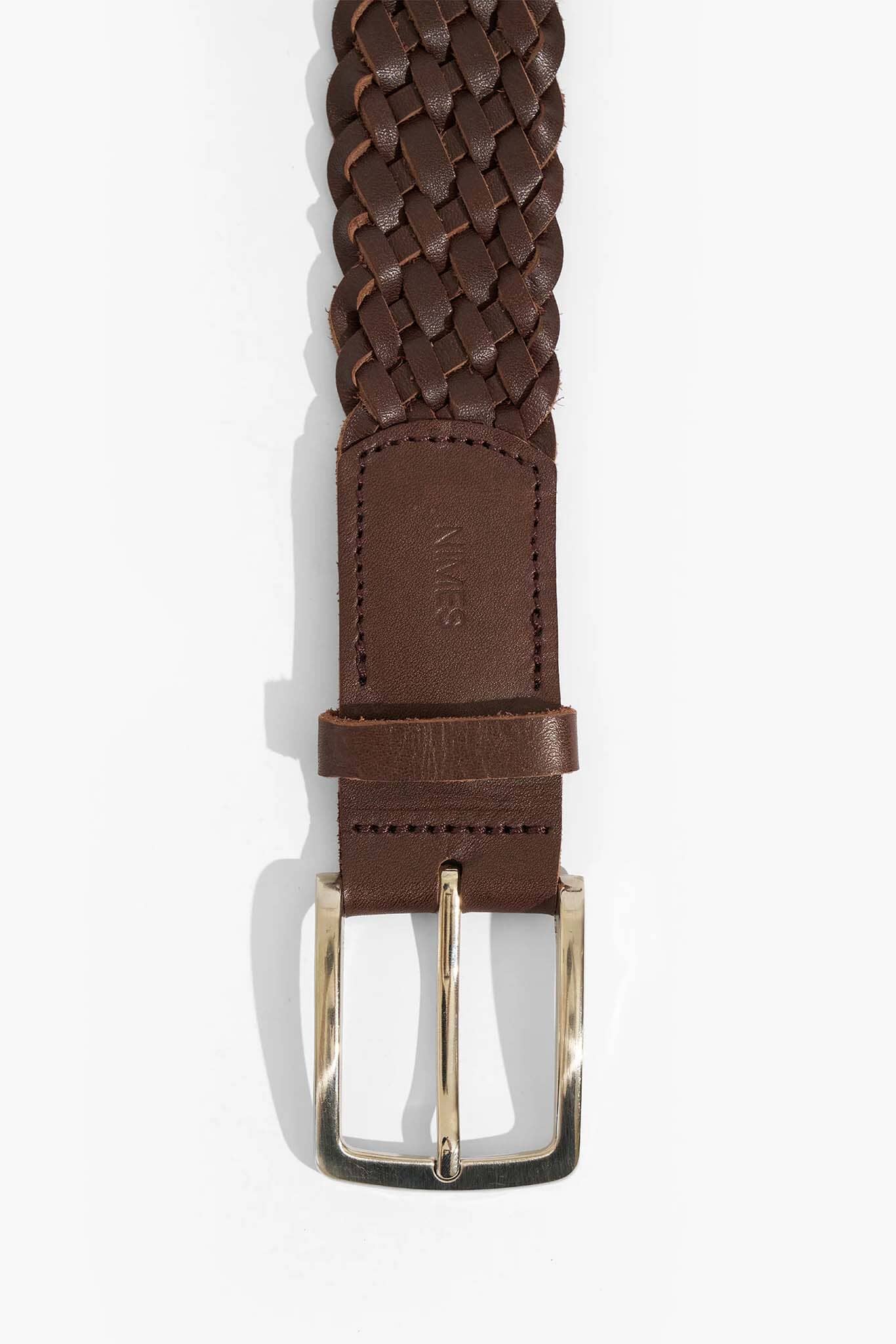 Brown woven leather belt with a gold buckle on a white background
