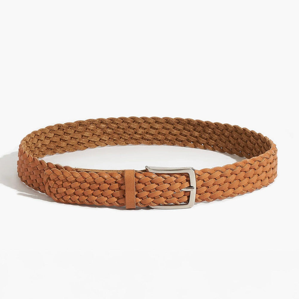Brown woven belt with a silver buckle on a white background