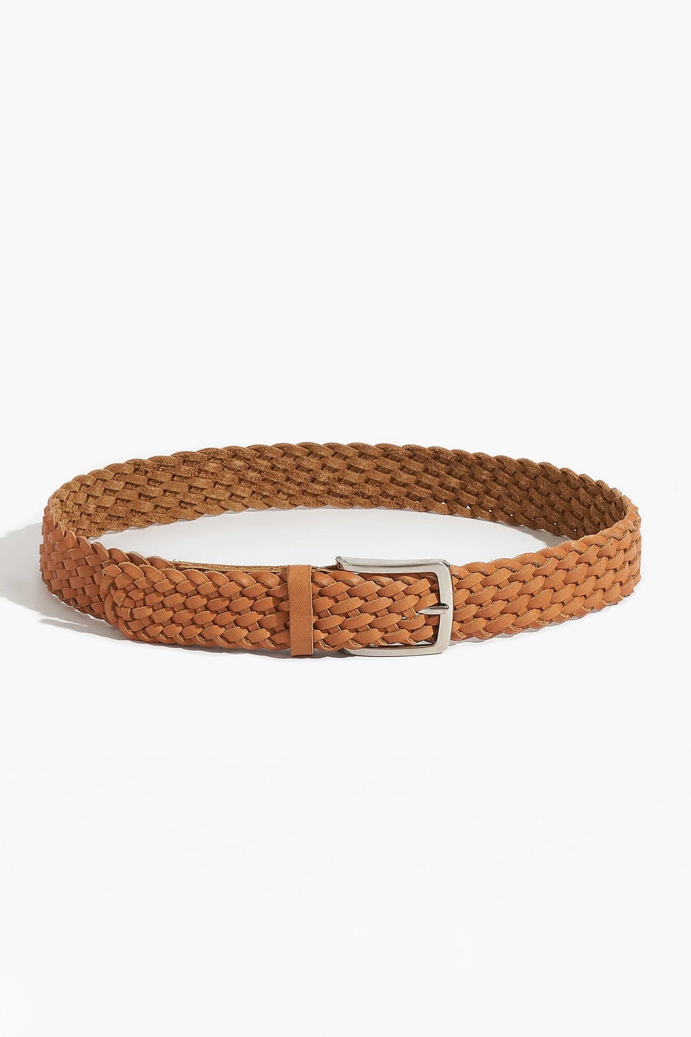 Brown woven belt with a silver buckle on a white background