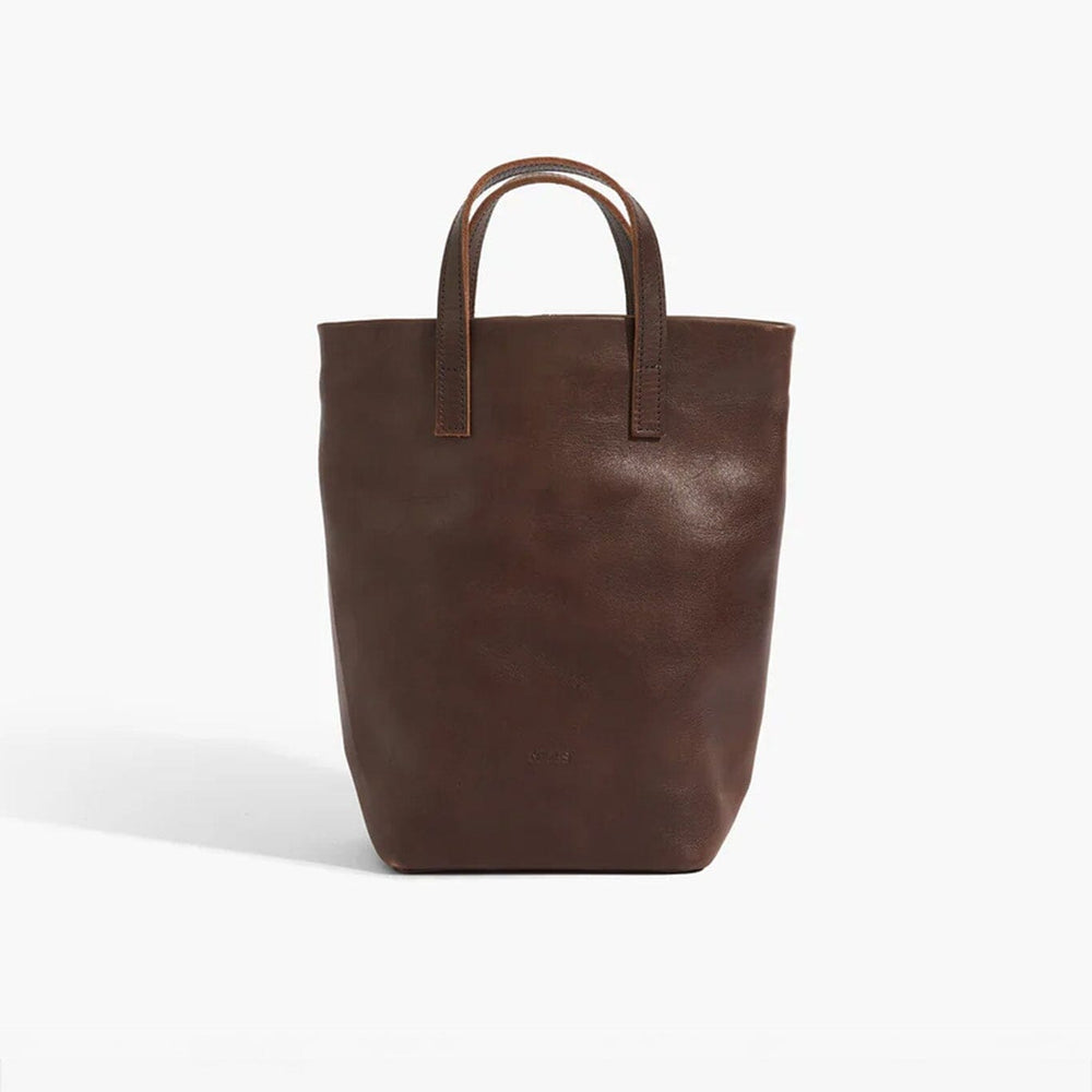 Brown leather tote bag on a white background