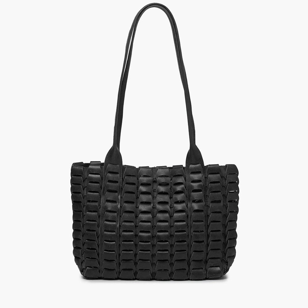 Black woven handbag on a white background
