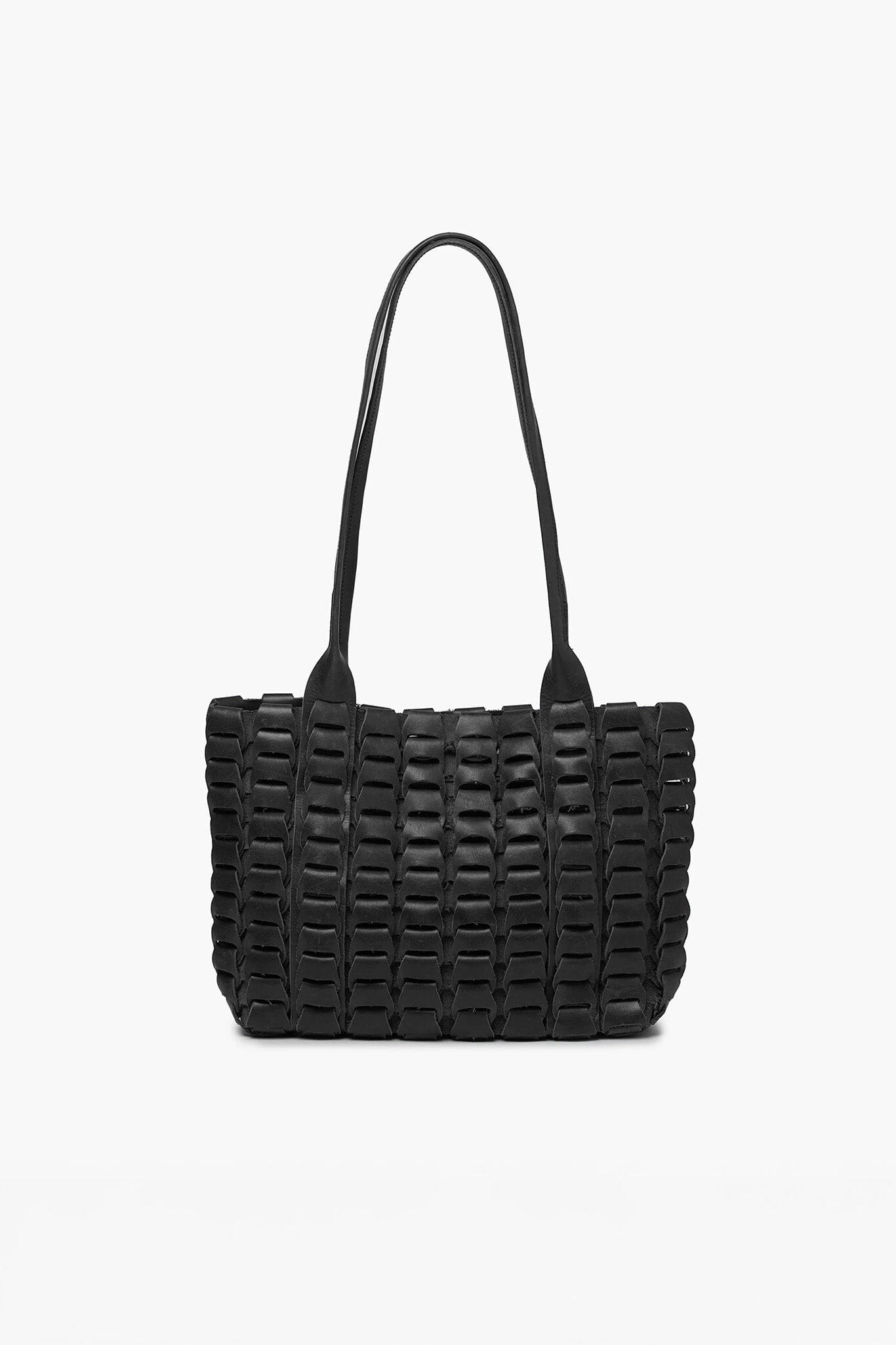 Black woven handbag on a white background