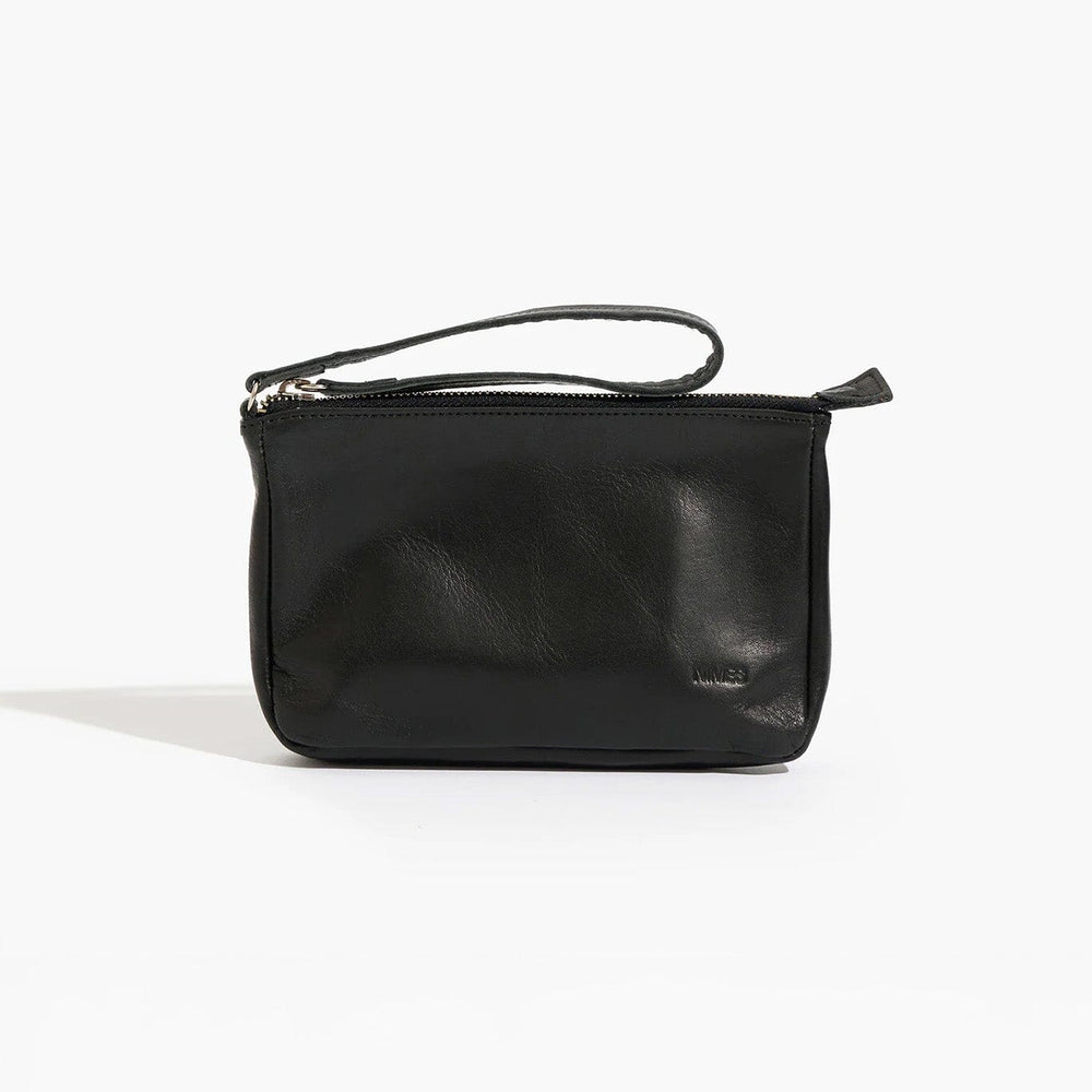 Black leather clutch bag on a white background
