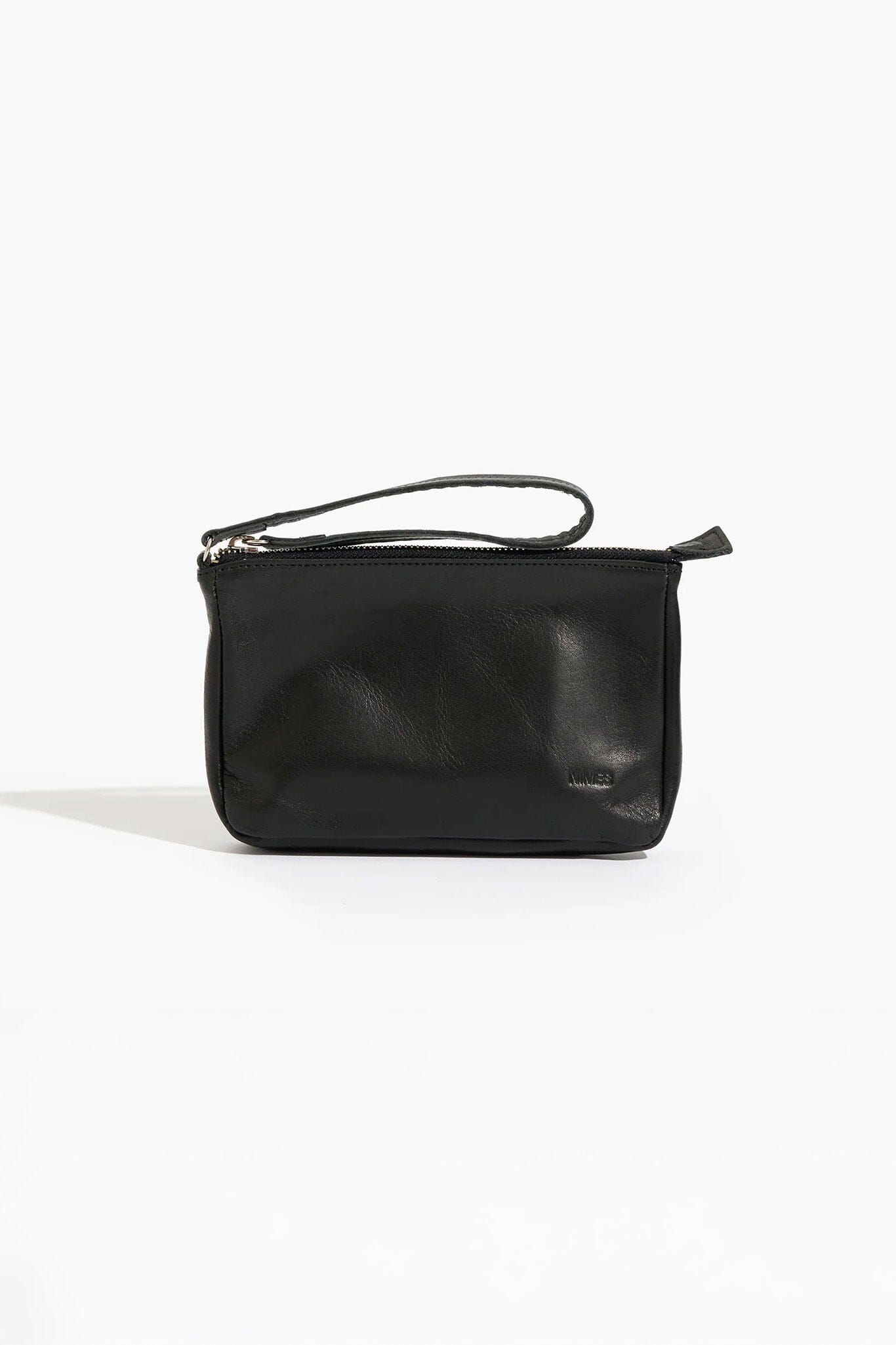 Black leather clutch bag on a white background