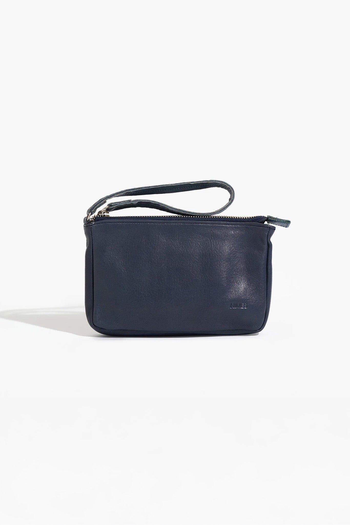 Navy blue leather zipper wristlet pouch on a white background