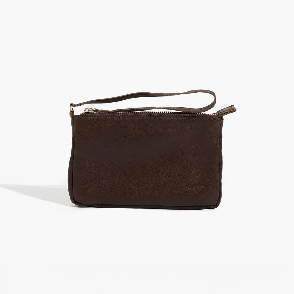 Brown leather clutch bag on a white background