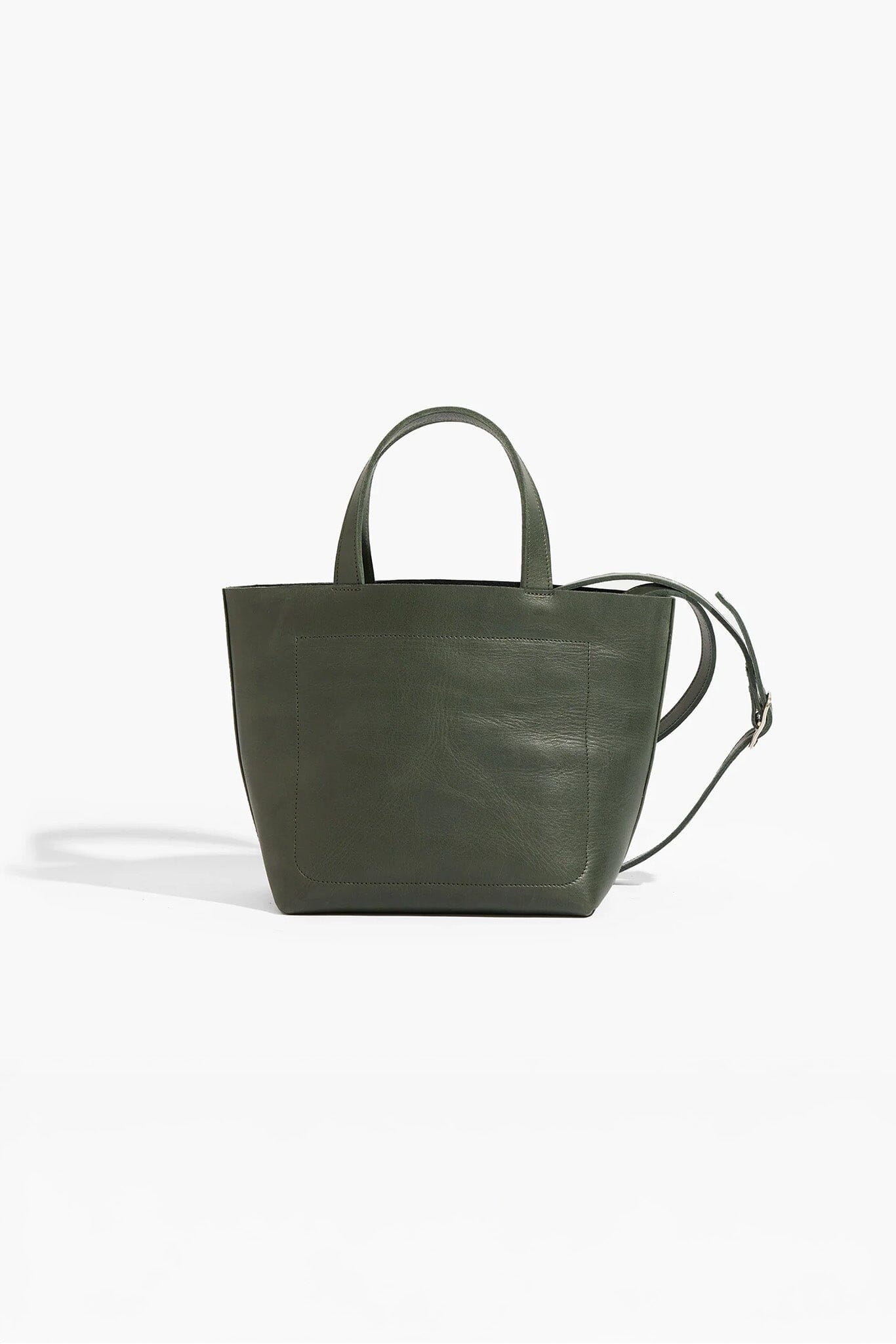 Green leather tote bag on a white background