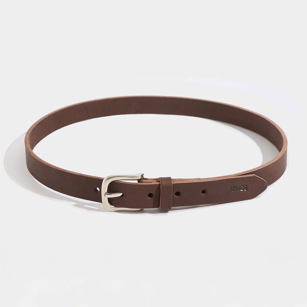 Brown leather belt with a silver buckle on a white background