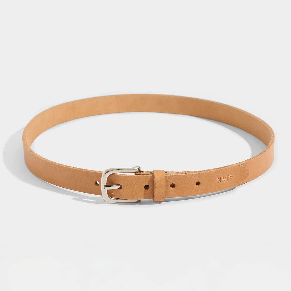 Tan leather belt with a silver buckle on a white background