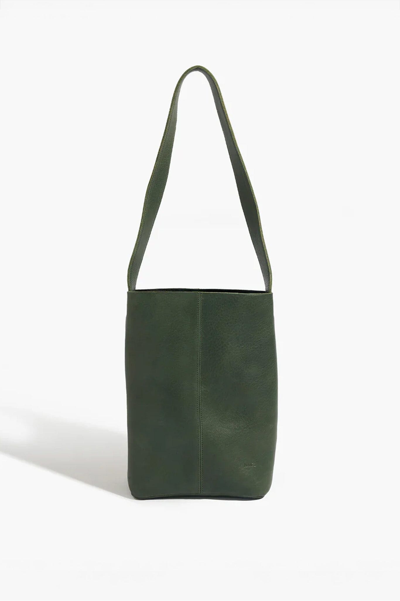 Green leather shoulder bag on a white background