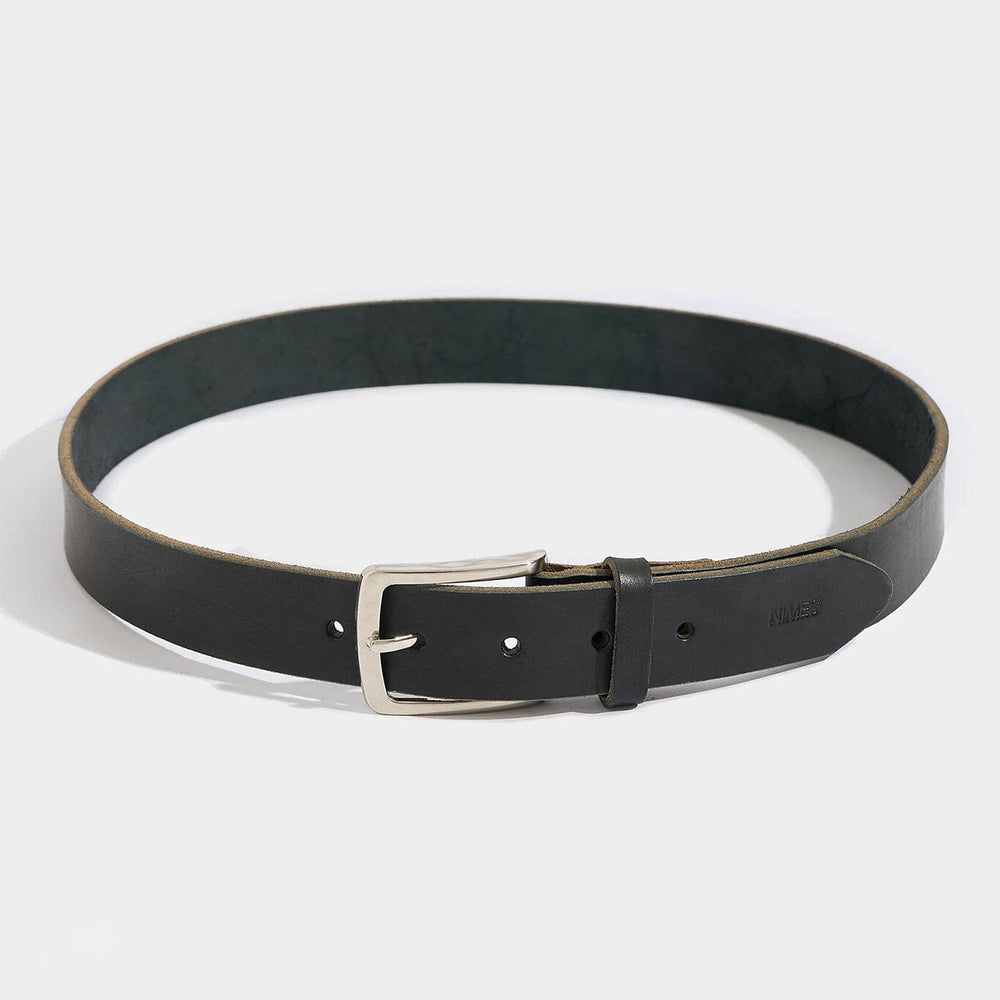 Black leather belt with a silver buckle on a white background