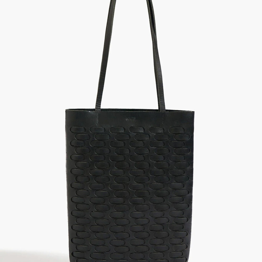 Black textured woven tote bag on a white background