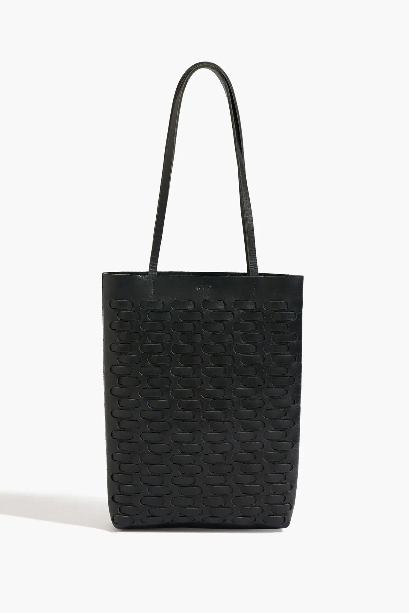 Black textured woven tote bag on a white background