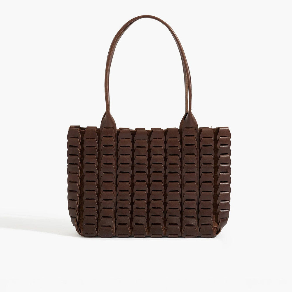 Brown woven handbag on a white background