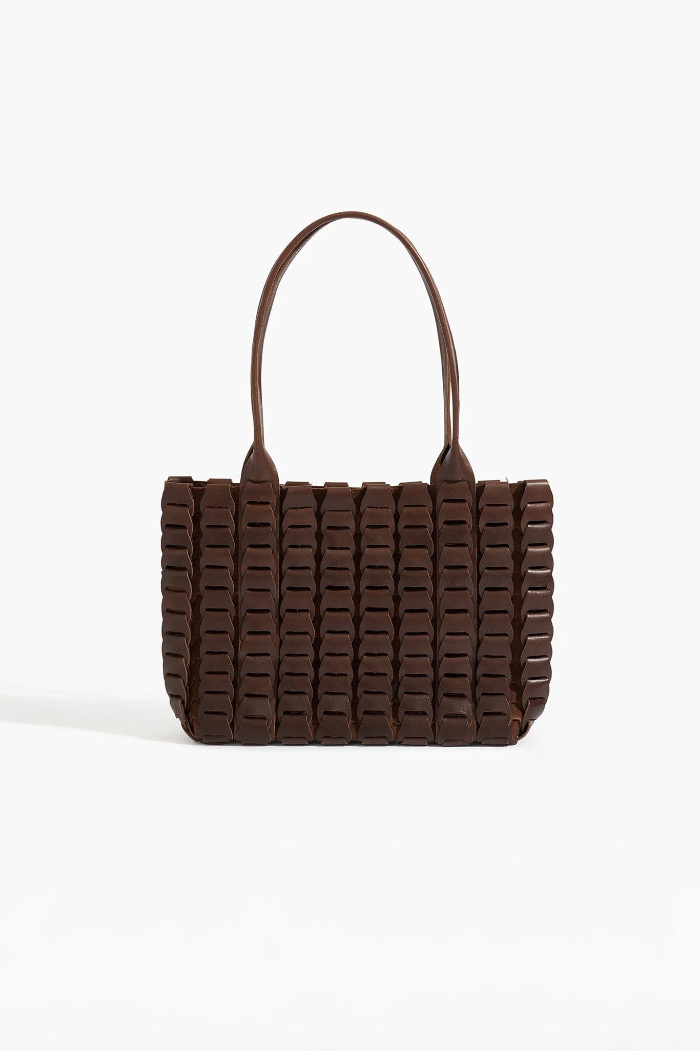 Brown woven handbag on a white background