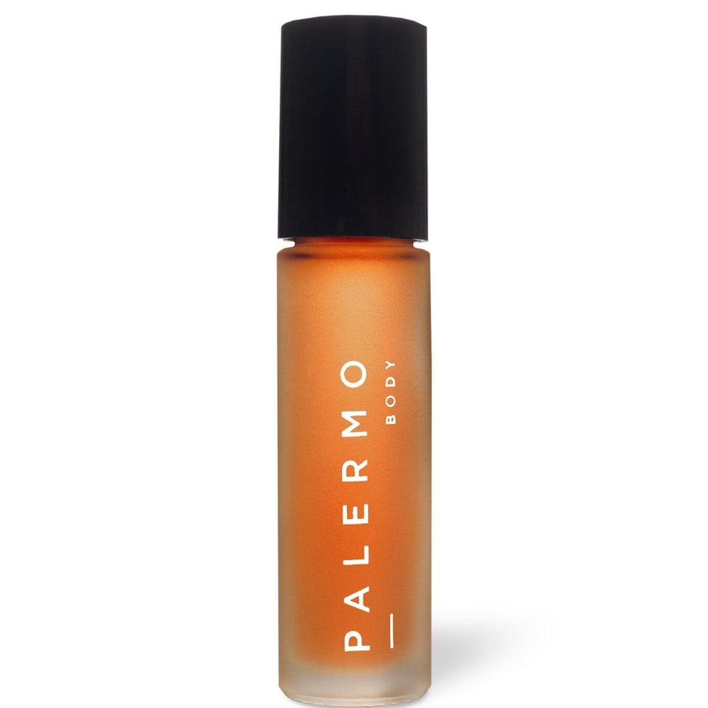 
                  
                    Orange roller perfume bottle with black cap labeled 'Palermo' on a white background
                  
                