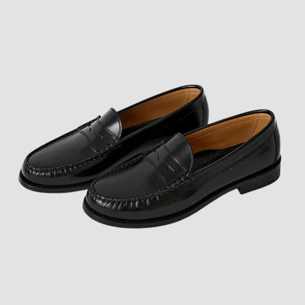 Pair of black loafers on a light gray background