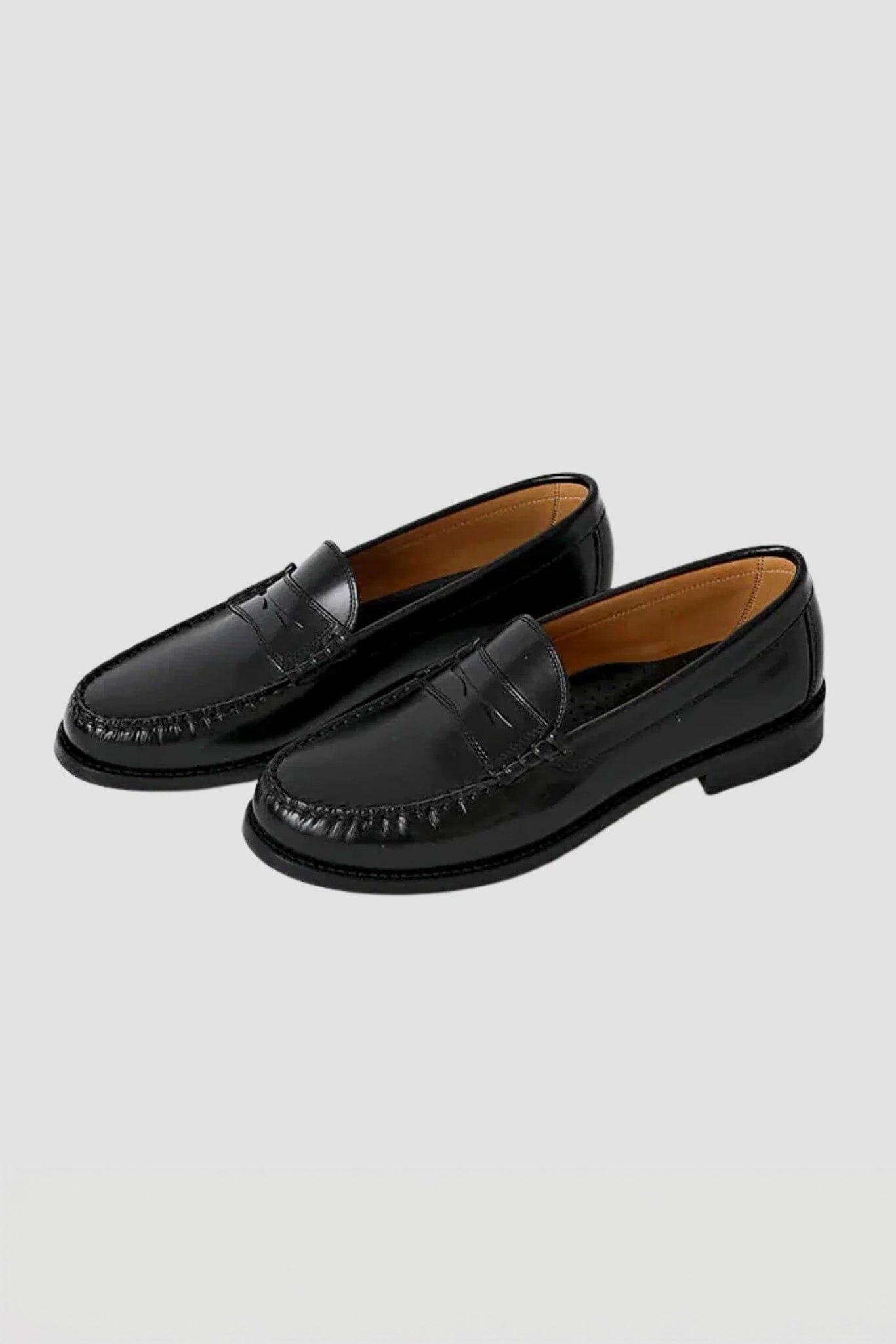 Pair of black loafers on a light gray background