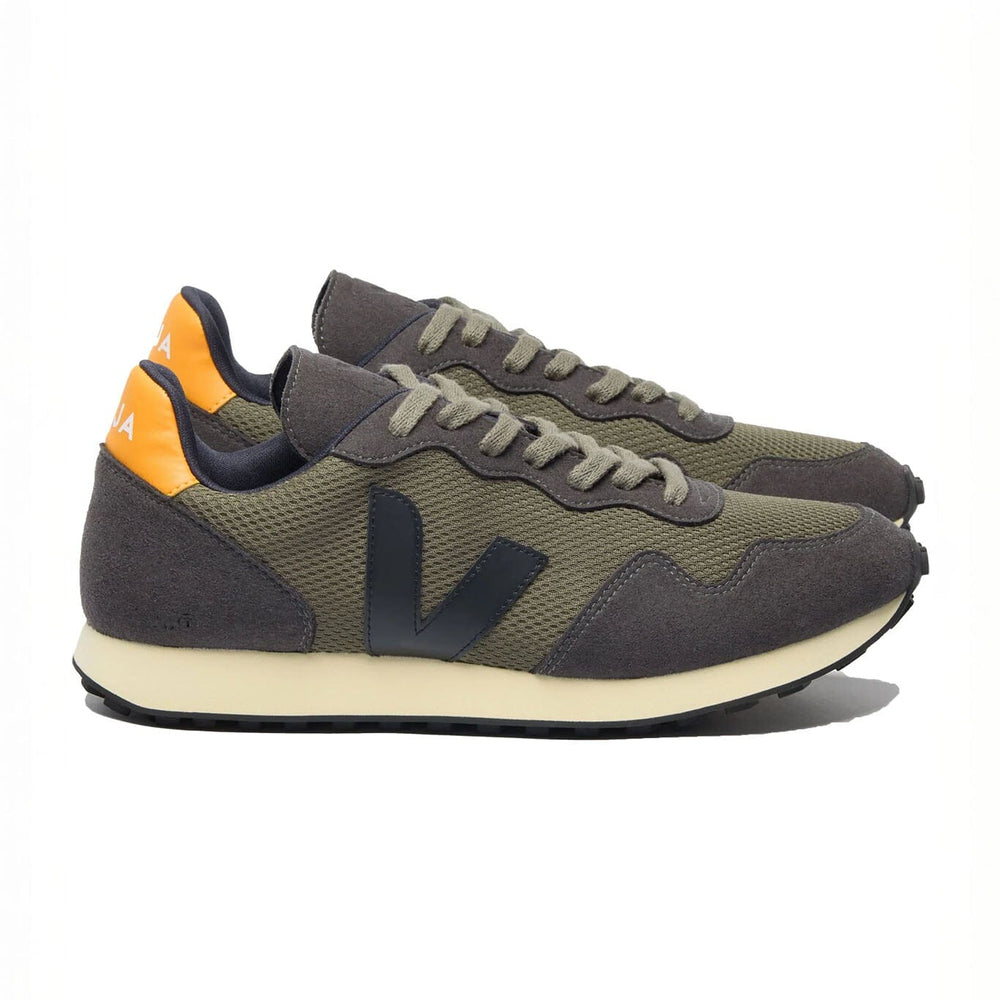 Pair of green and gray Veja sneakers with their signature V logo on a white background