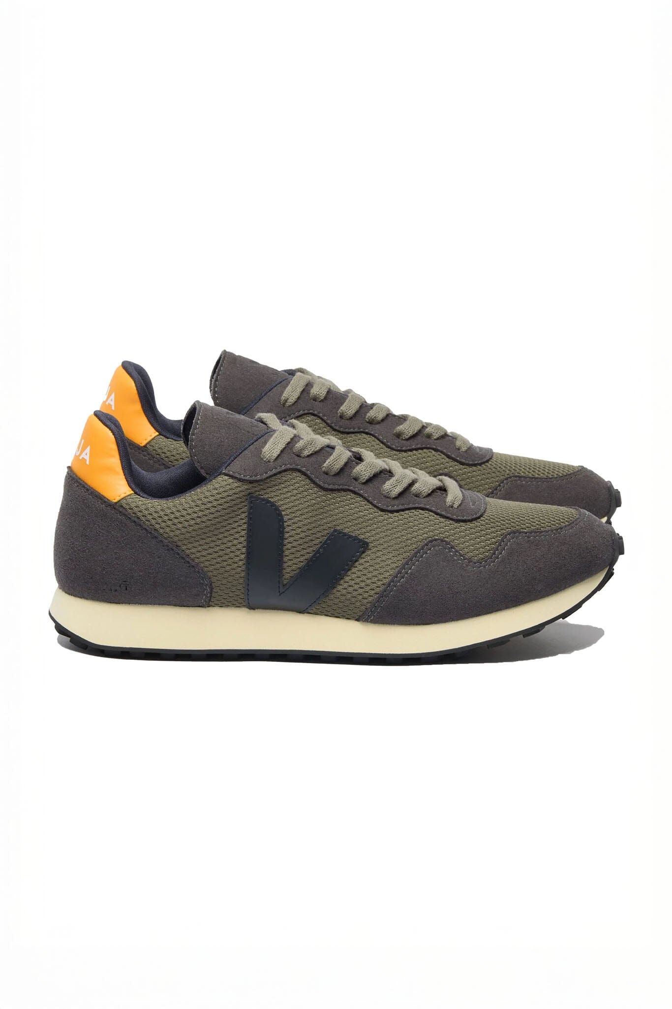 Pair of green and gray Veja sneakers with their signature V logo on a white background