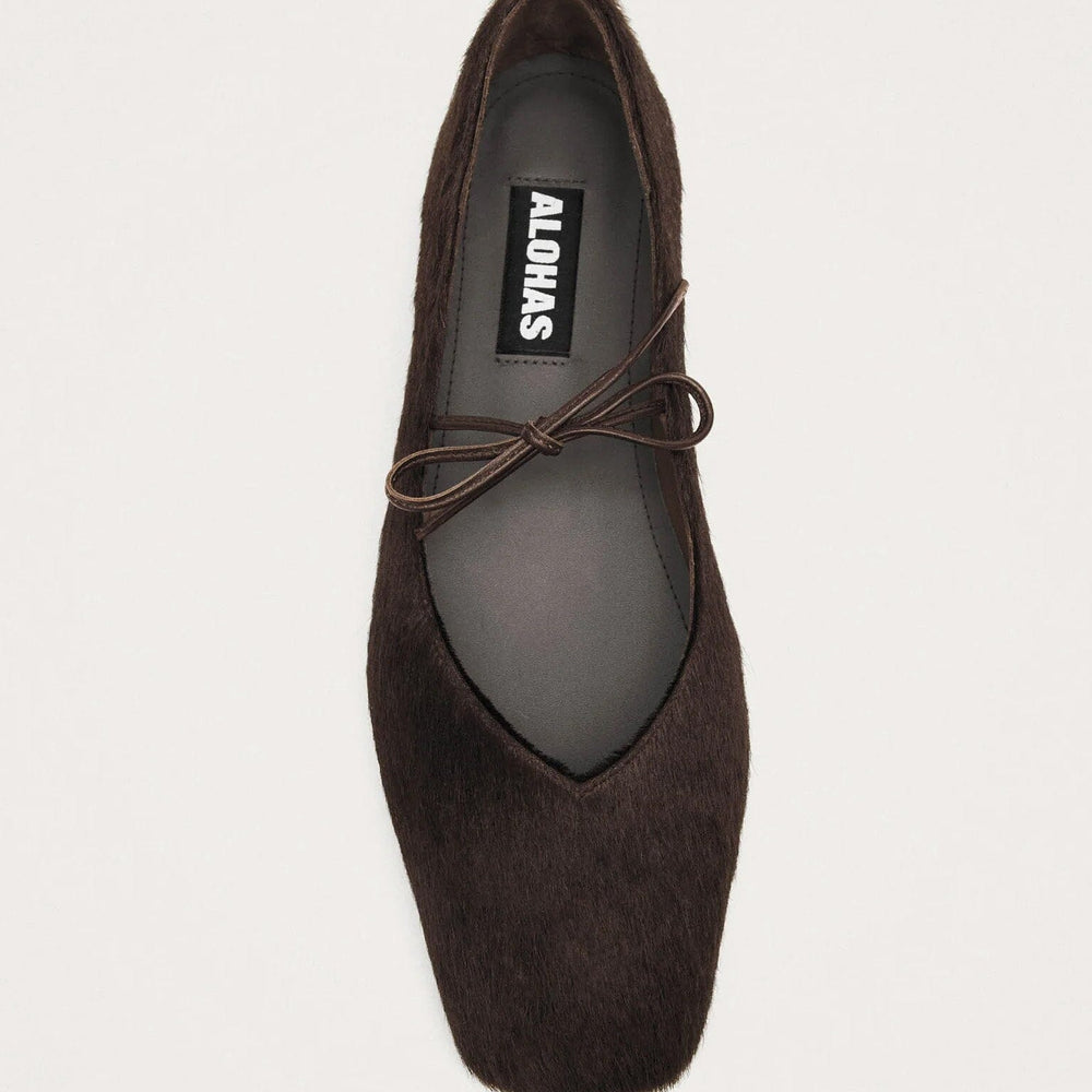 Dark brown calf hair square toe women's flat shoes with tie