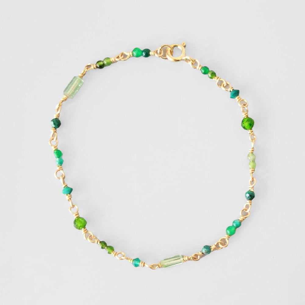 Everyday green gemstone bracelet with gold filled wire and findings. Available at M.Patmos in Brooklyn New York.