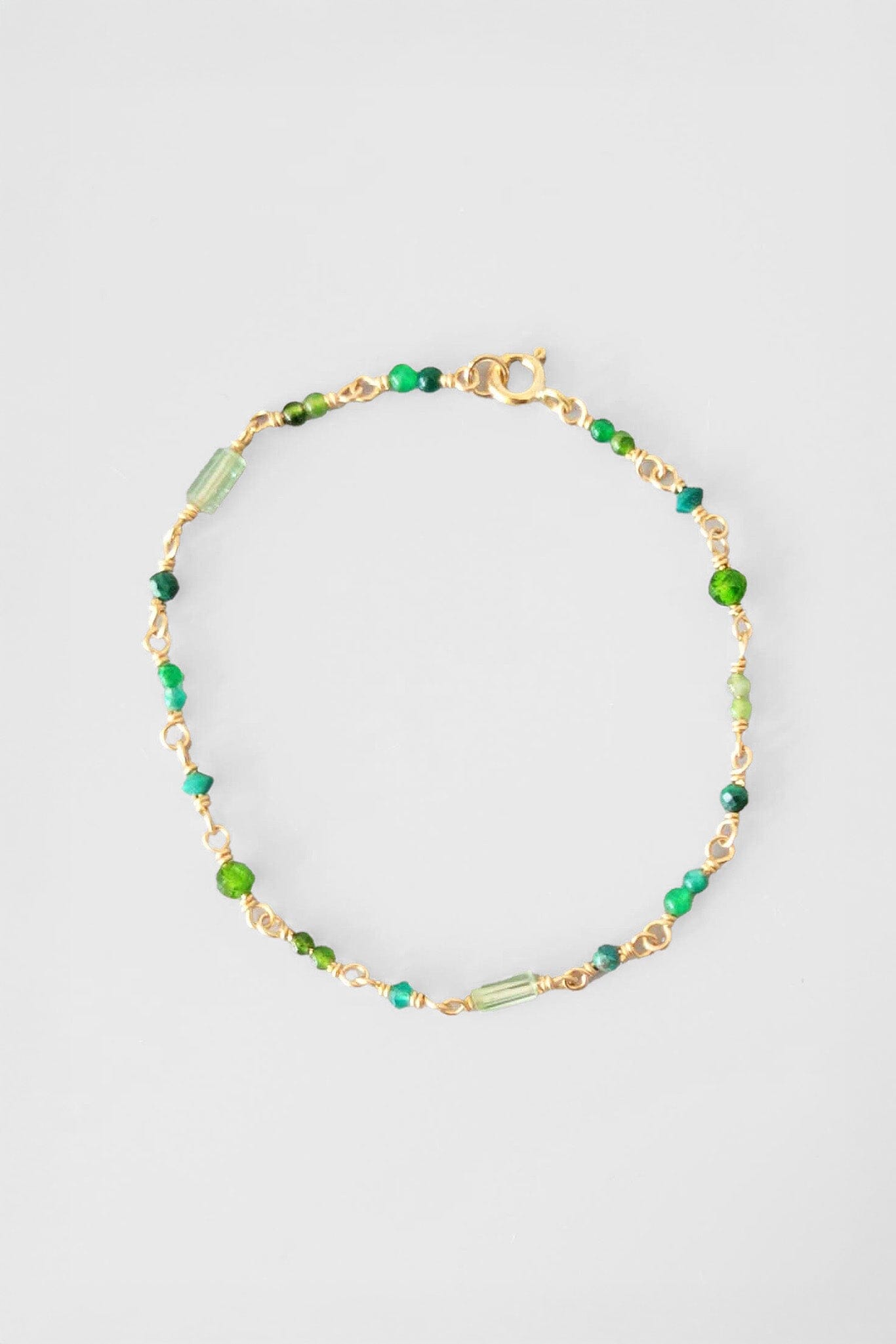 Everyday green gemstone bracelet with gold filled wire and findings. Available at M.Patmos in Brooklyn New York.