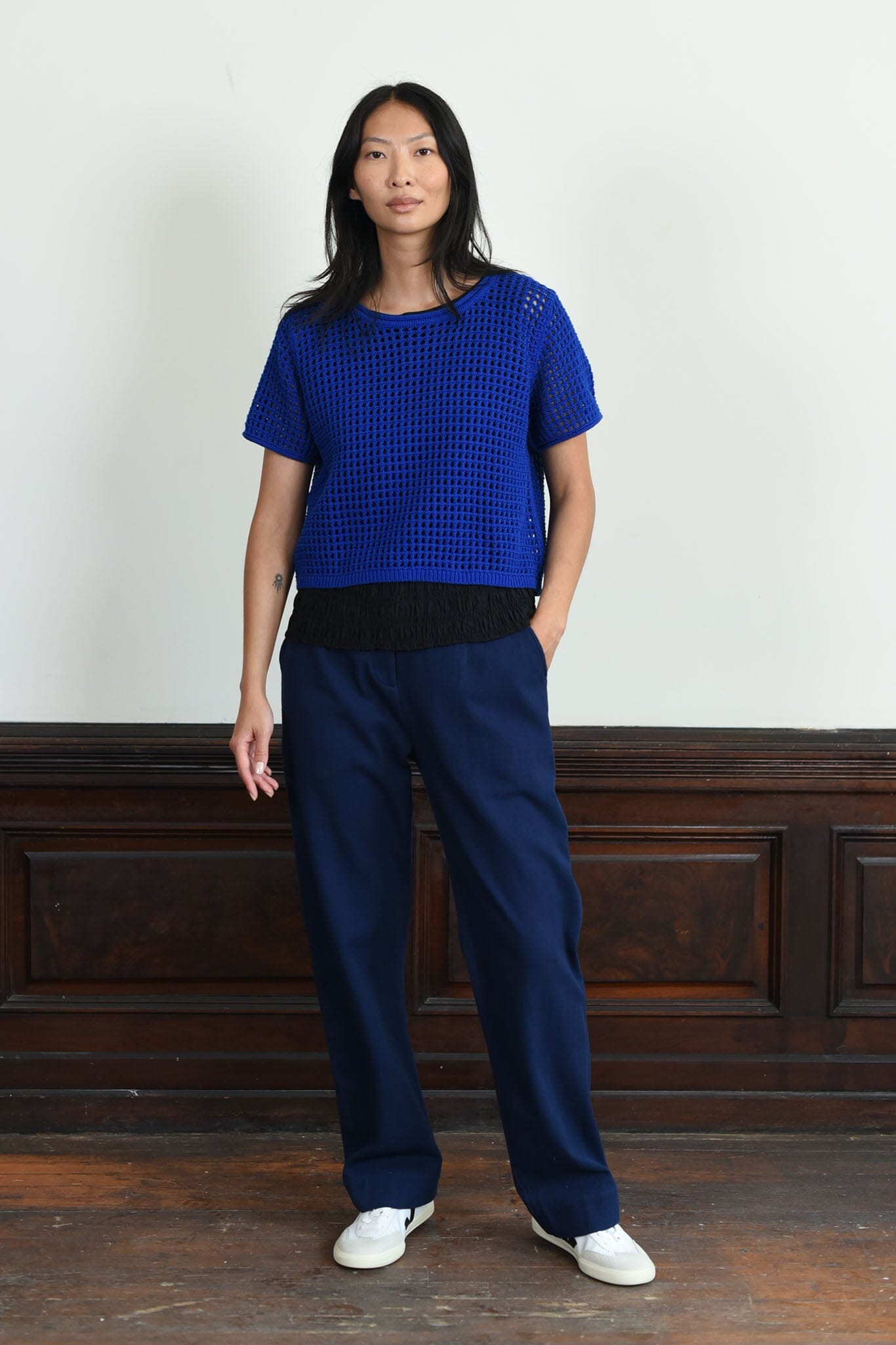 The large Cobalt Riis Mesh Top by M.Patmos features a slightly cropped, boxy mesh knit top with rib trims, made from 100% Peru-grown tanguis cotton. 