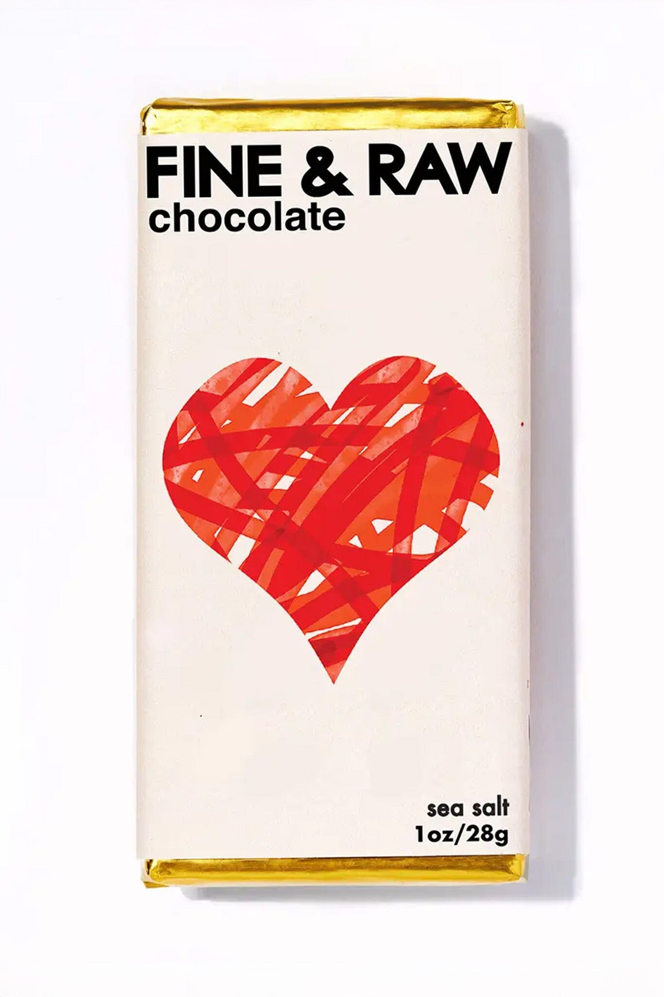 Bar of Fine & Raw chocolate with a red heart design on a white background
