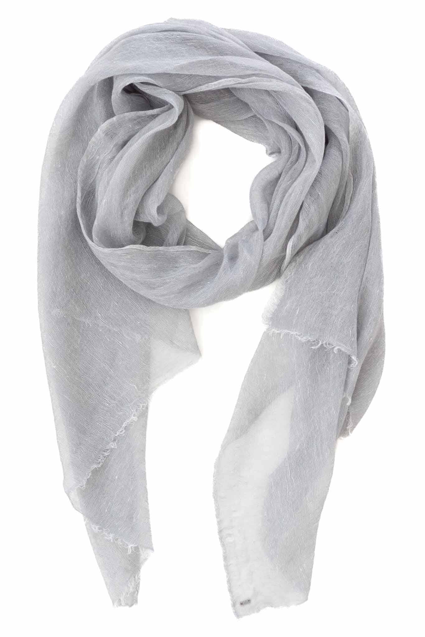 A silver handwoven scarf made of cashmere and linen, displayed on a white background.