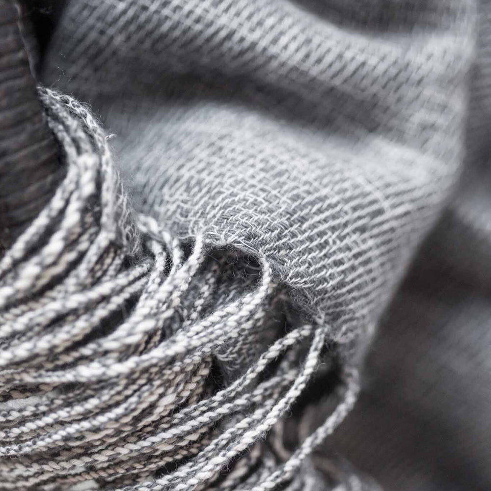 
                  
                    A detailed shot of a gray Turi scarf with fringe
                  
                